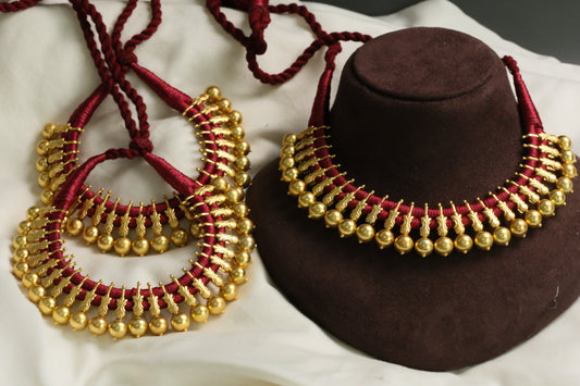Gold Plated Next To Real Silver Thread Necklace - Red
