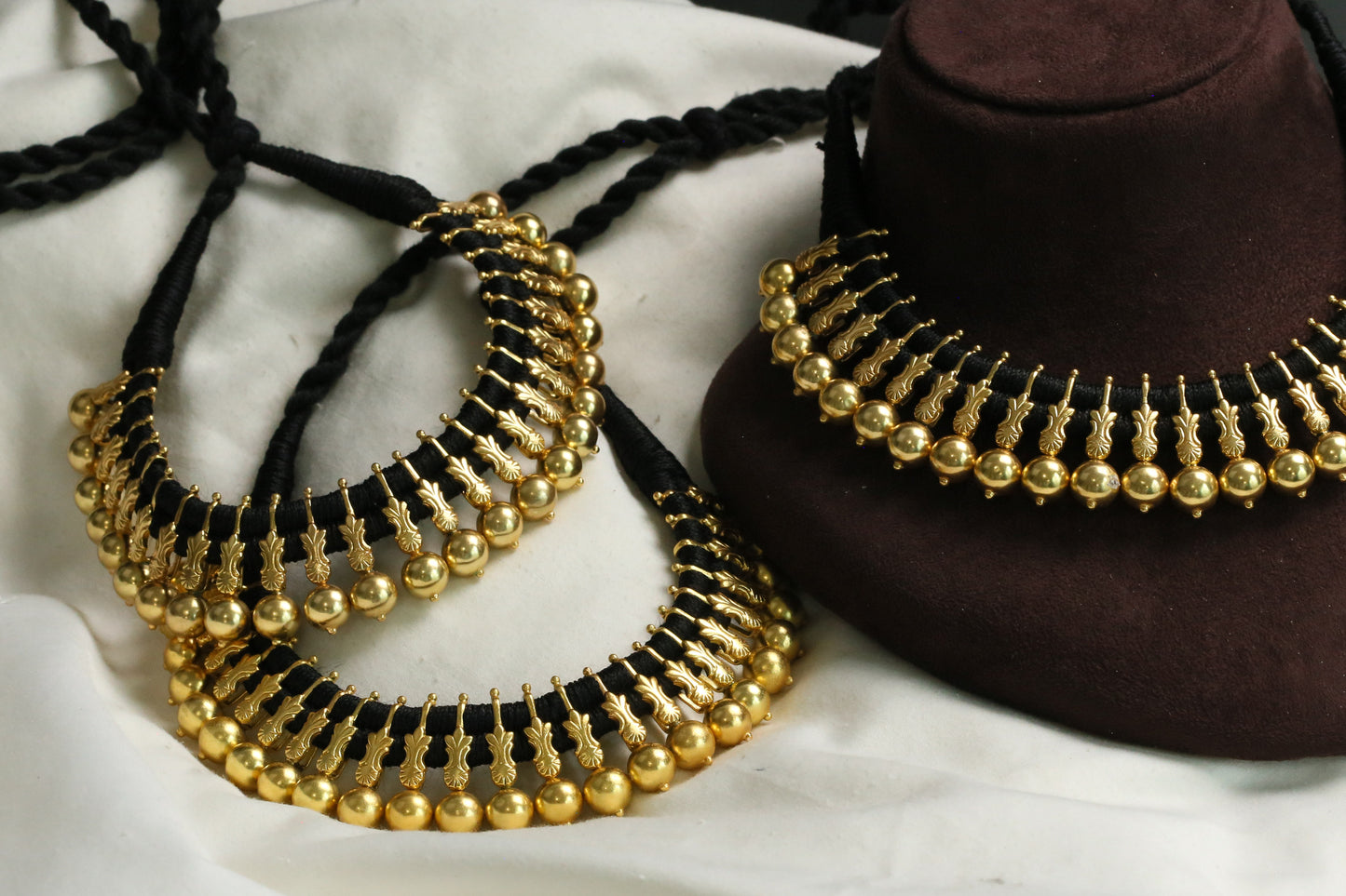 Gold Plated Next To Real Silver Thread Necklace - Black