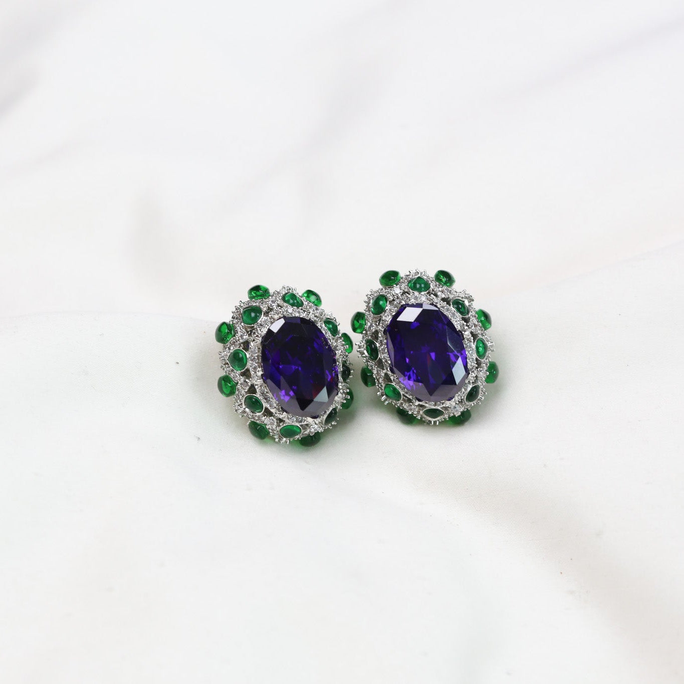 Peony Premium Micro CZ Earrings -  Green Purple