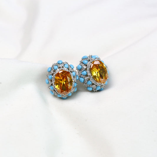 Peony Premium Micro CZ Earrings -  Yellow Turquoise