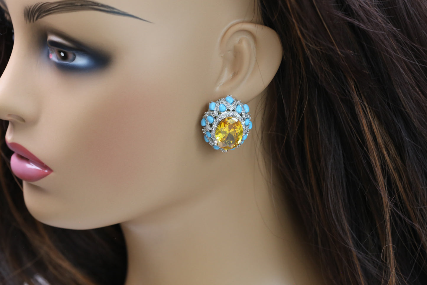 Peony Premium Micro CZ Earrings -  Yellow Turquoise