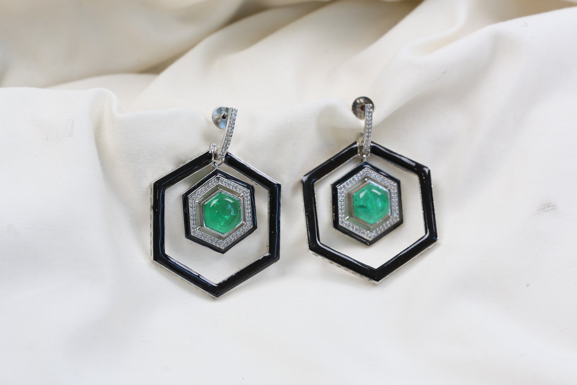 Hexagon Emerald Doublet & Enamel Earrings - Jade Green