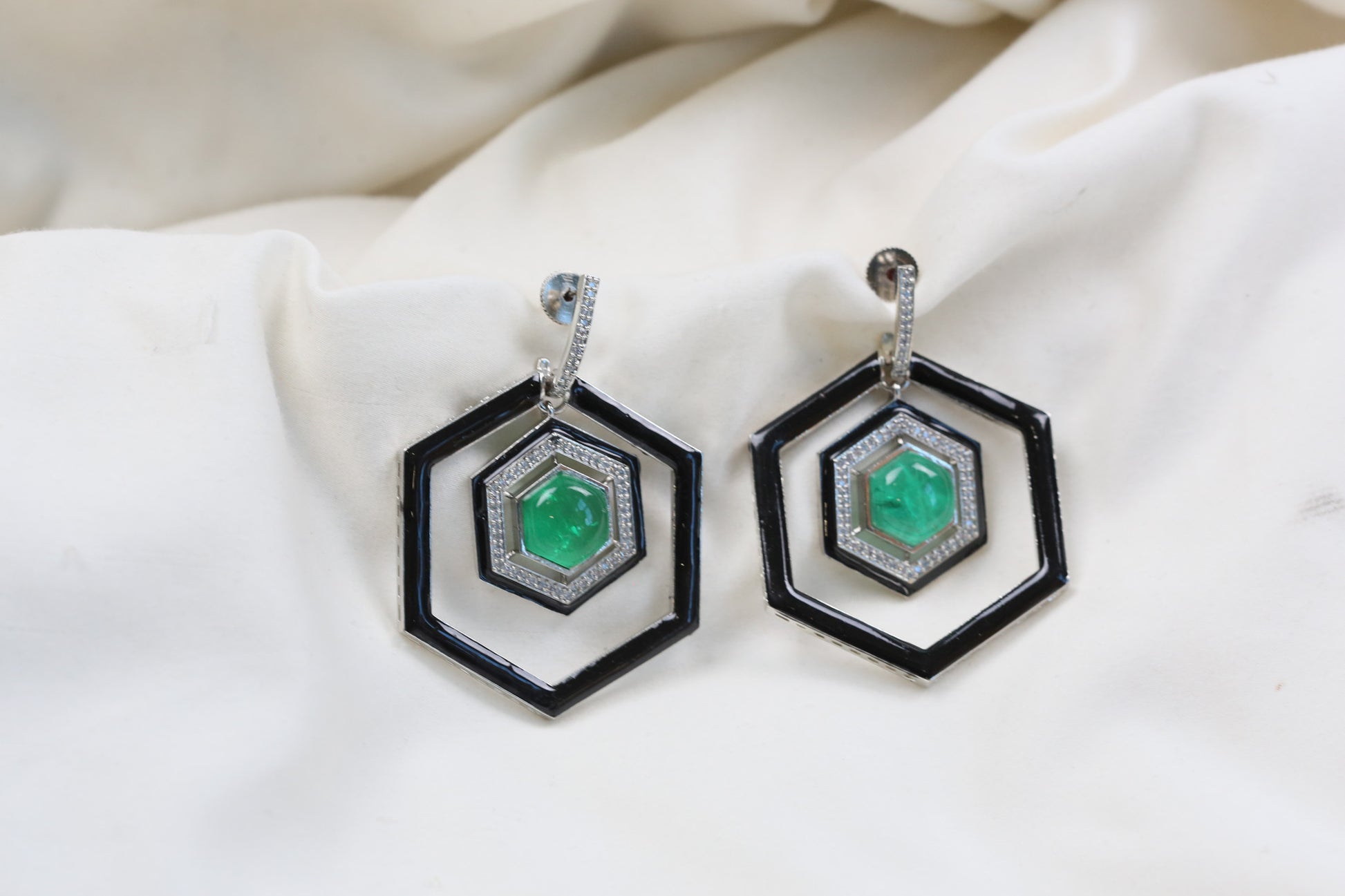 Hexagon Emerald Doublet & Enamel Earrings - Jade Green