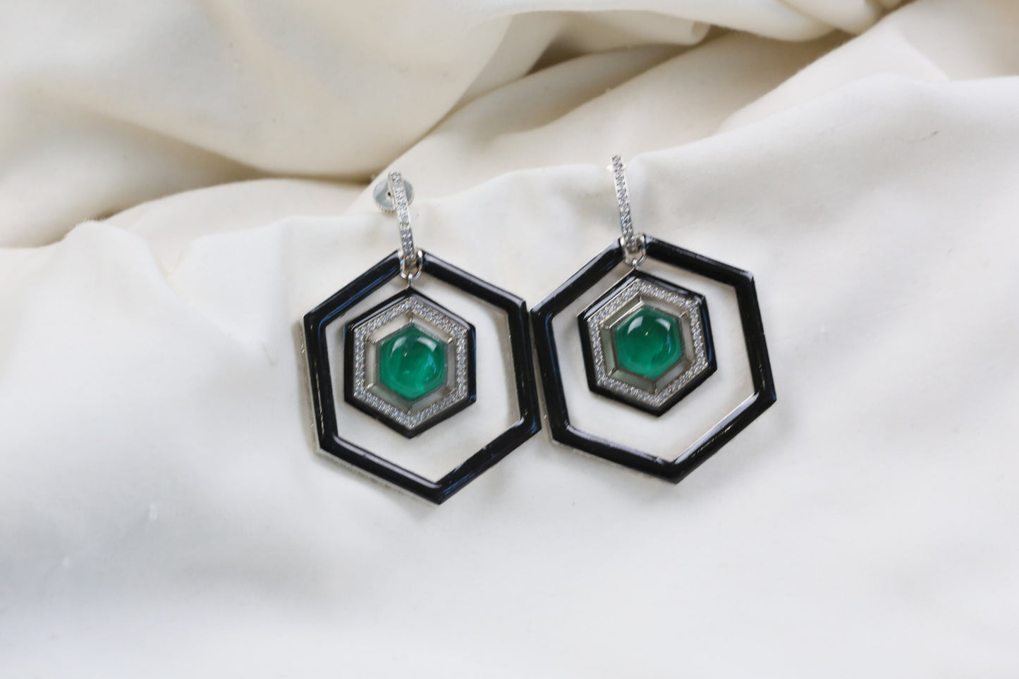 Hexagon Emerald Doublet & Enamel Earrings - Emerald Green
