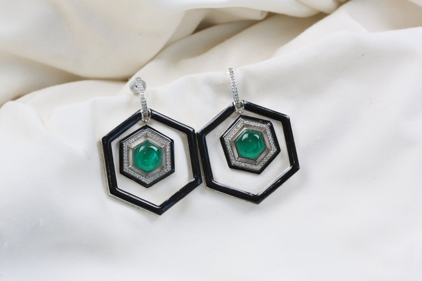 Hexagon Emerald Doublet & Enamel Earrings - Emerald Green