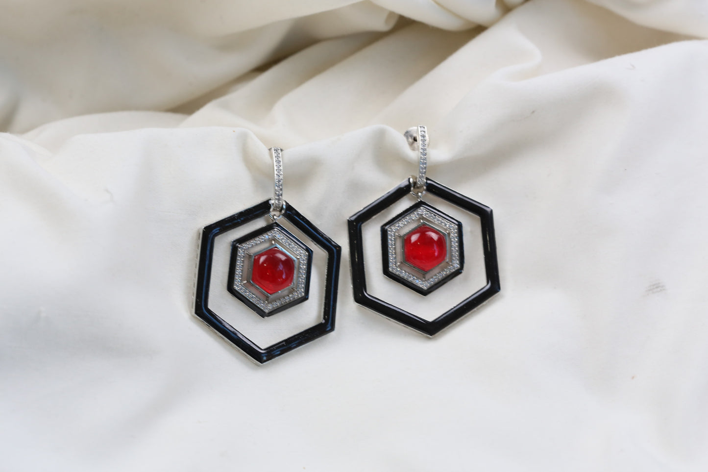 Hexagon Emerald Doublet & Enamel Earrings - Red