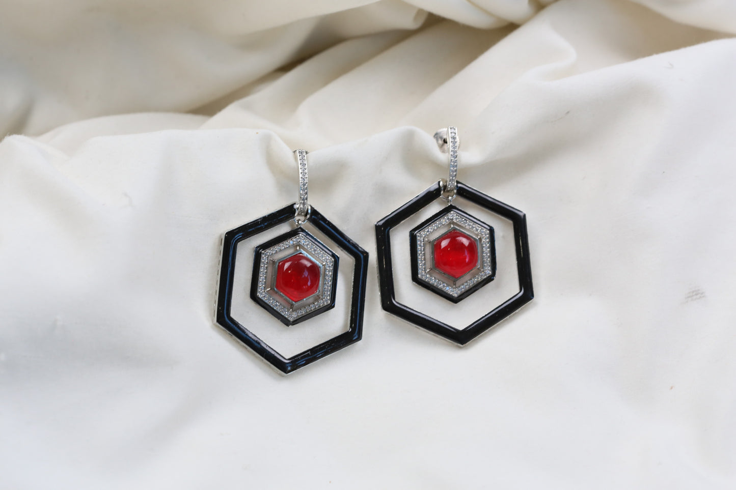 Hexagon Emerald Doublet & Enamel Earrings - Red