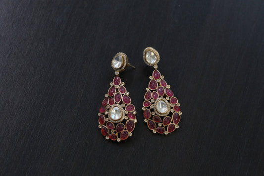 Semiprecious Carved Stone Polki Earrings - Rhodolite