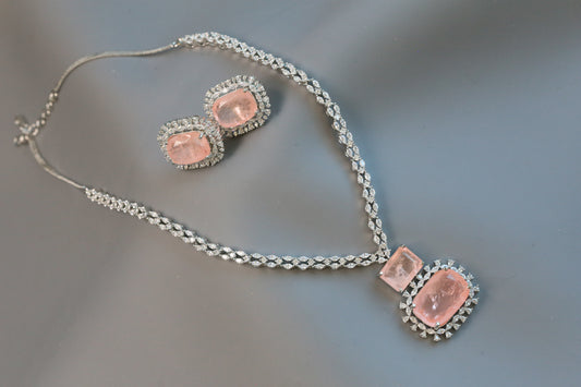 Ananya Premium CZ Necklace Set- Pink