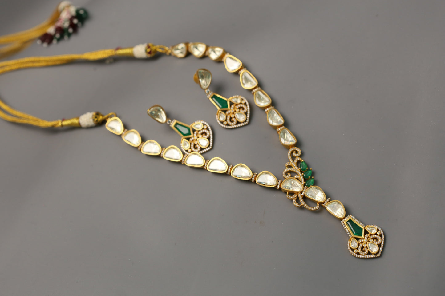 Nidhi Dainty Real Moissanite  Necklace Set - Green