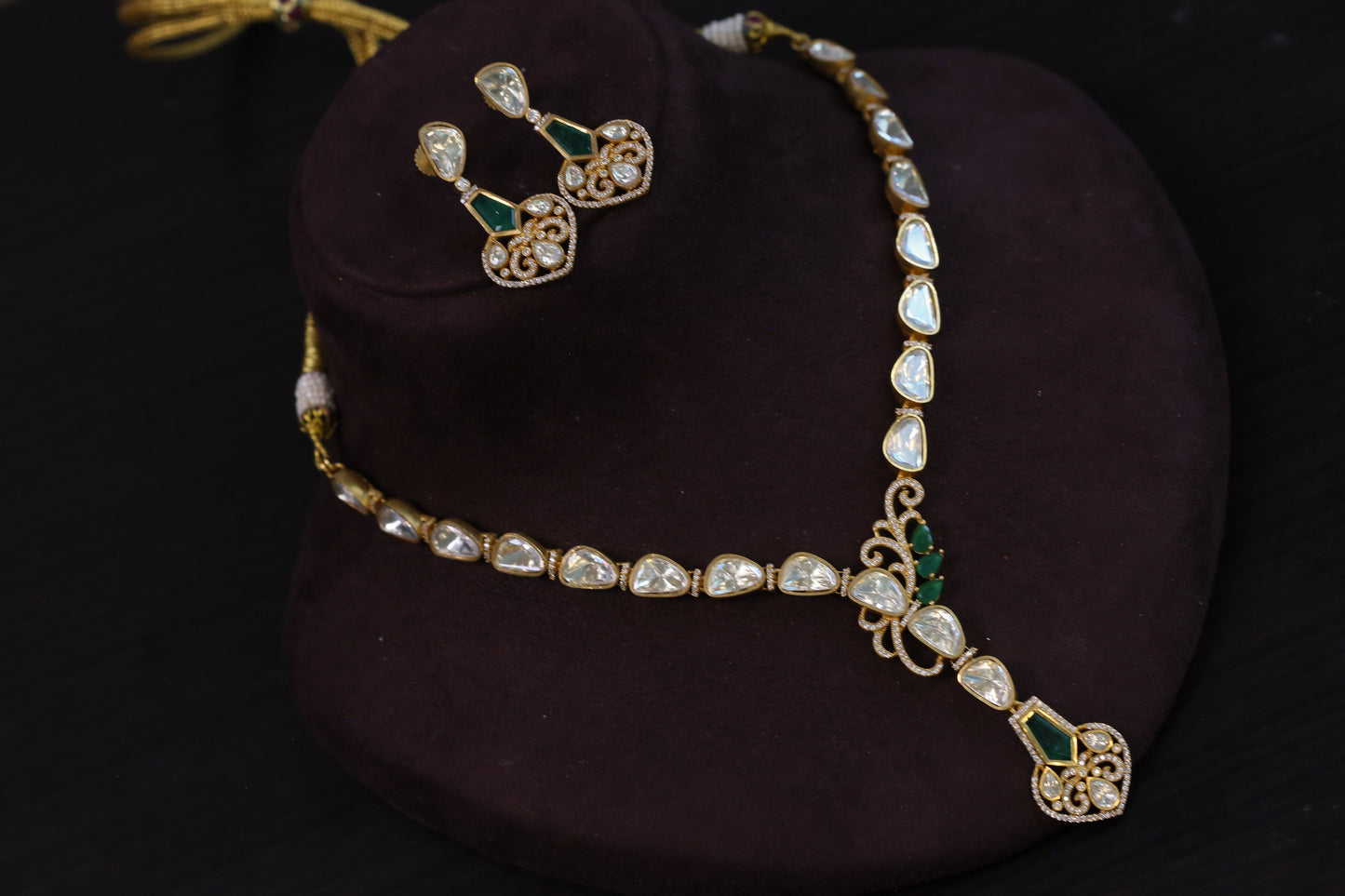 Nidhi Dainty Real Moissanite  Necklace Set - Green