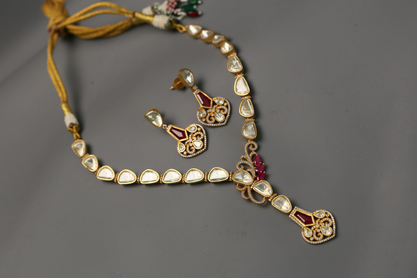 Nidhi Dainty Real Moissanite  Necklace Set - Red