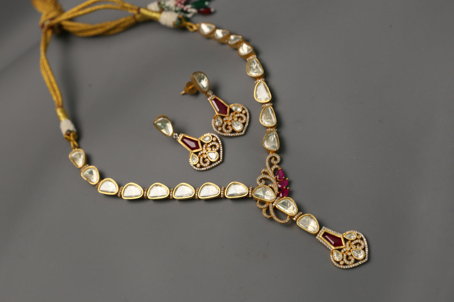 Nidhi Dainty Real Moissanite  Necklace Set - Red