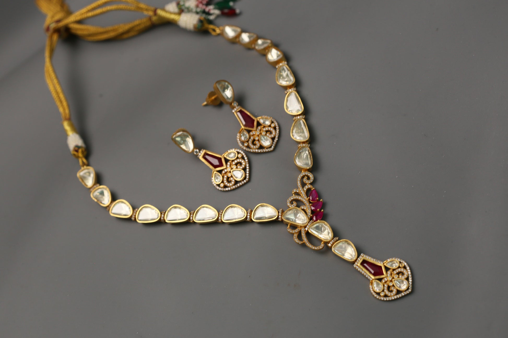 Nidhi Dainty Real Moissanite  Necklace Set - Red