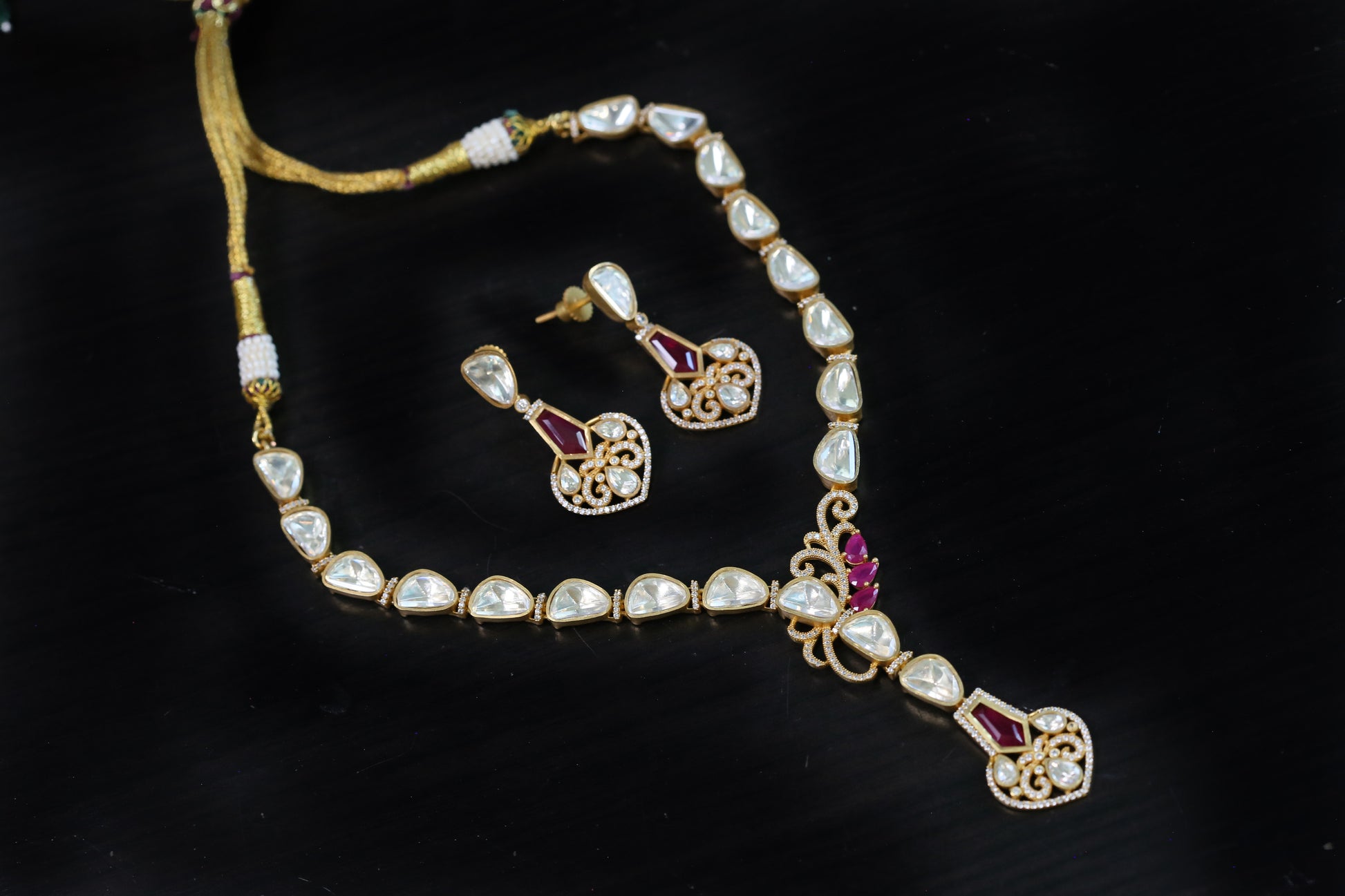 Nidhi Dainty Real Moissanite  Necklace Set - Red