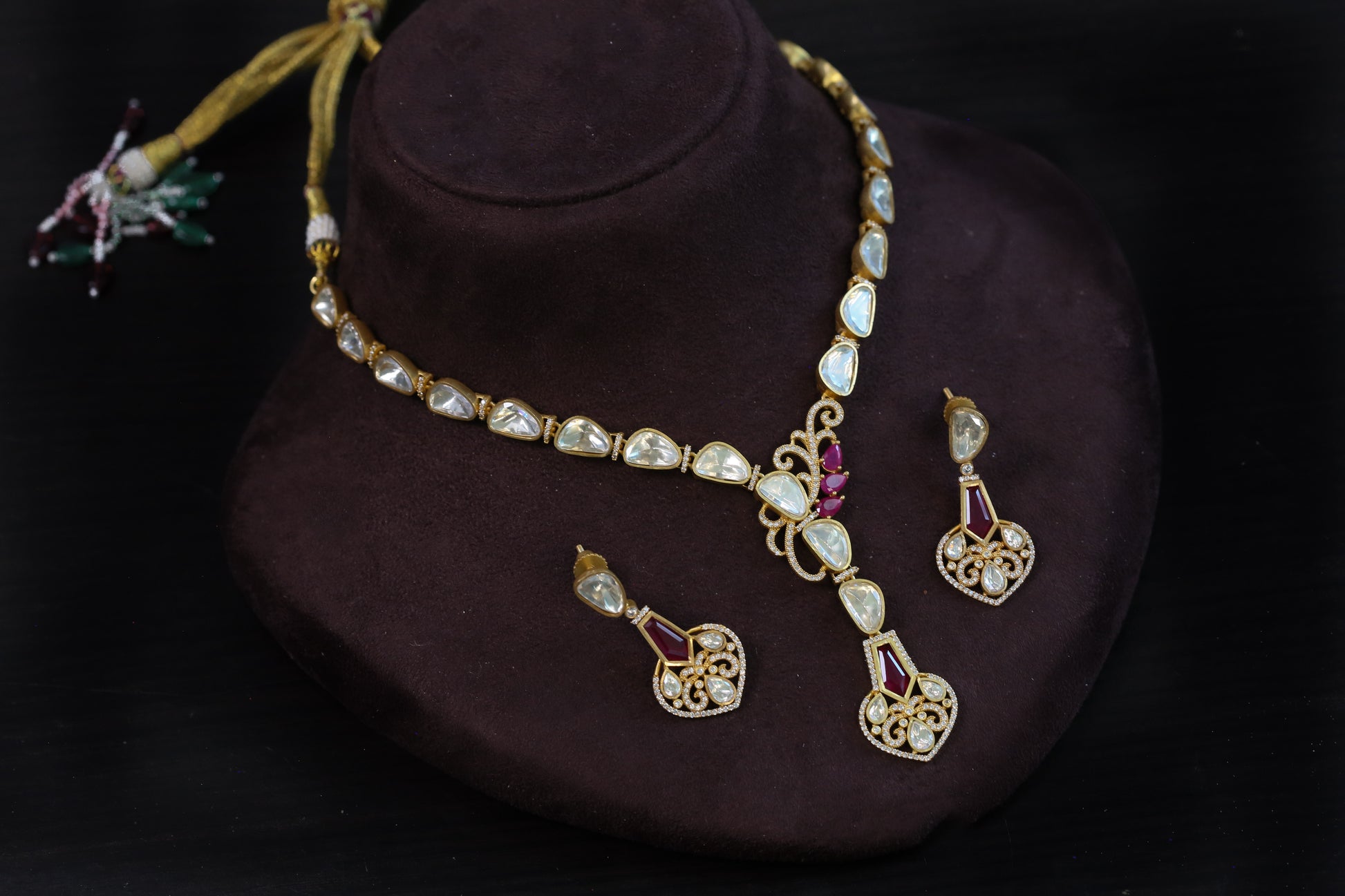Nidhi Dainty Real Moissanite  Necklace Set - Red