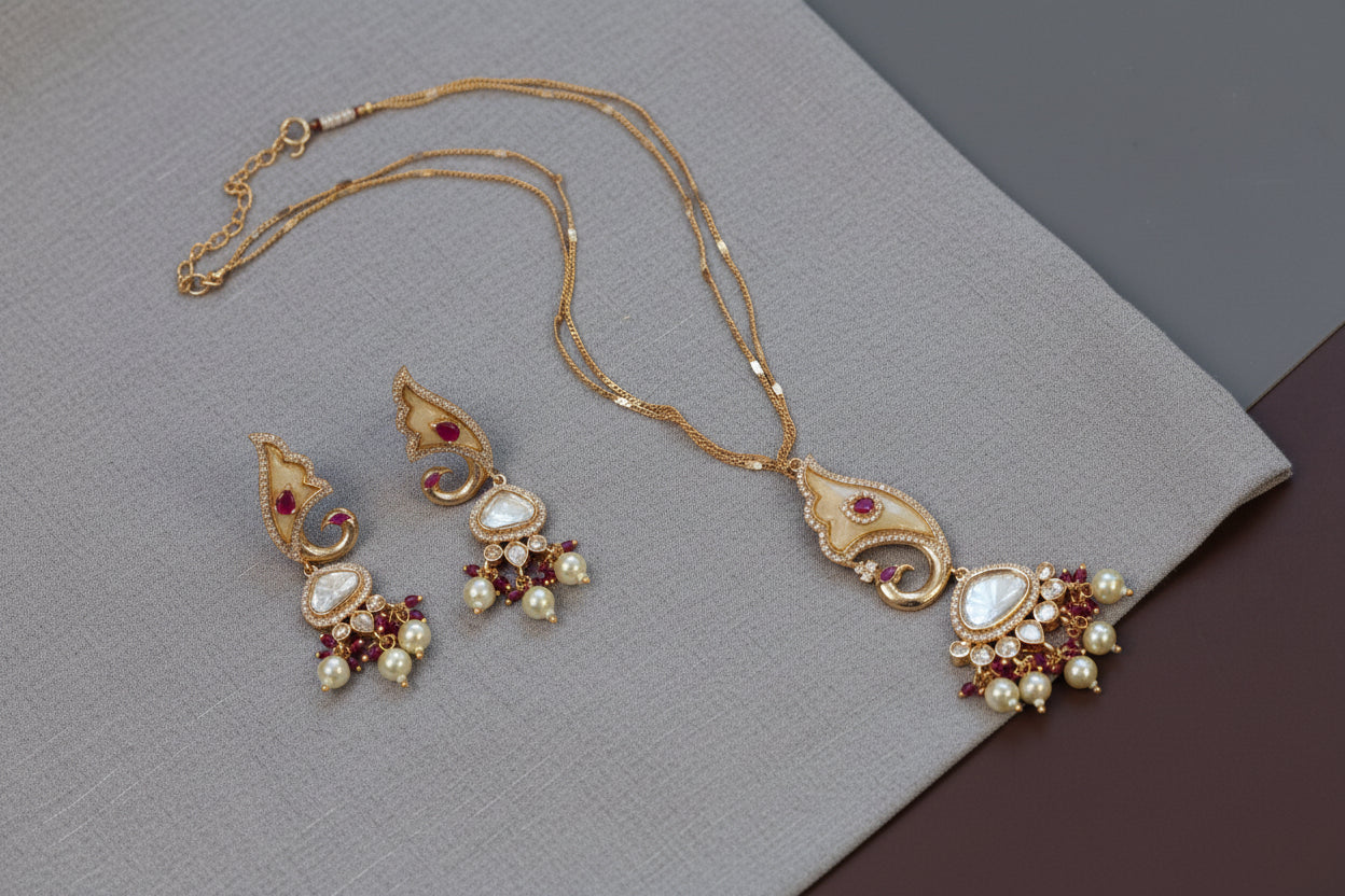 Premium Polki & MOP Pendant Set - Ruby