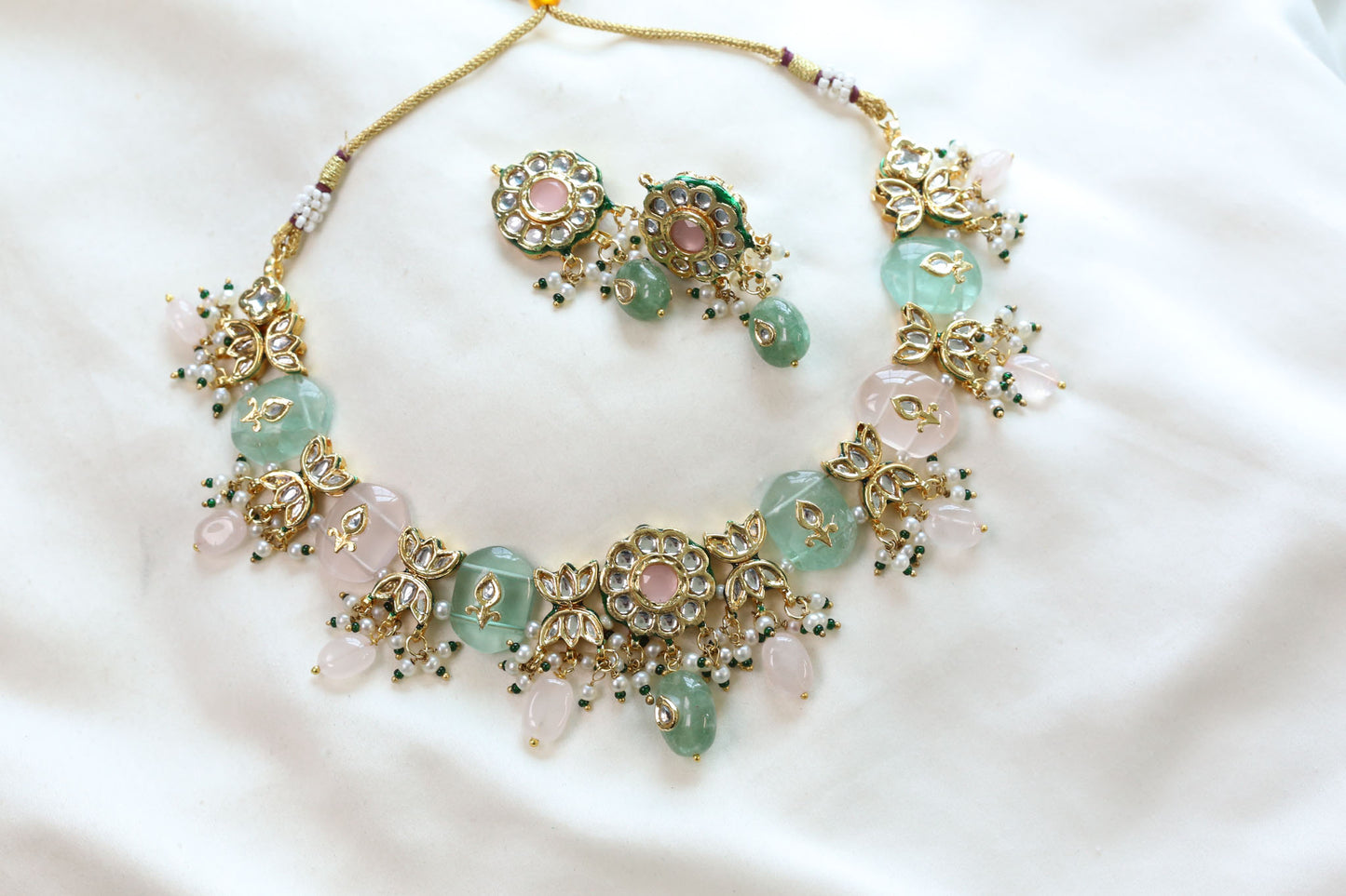 Meerut Kundan Inlay Work Necklace Set - Rose Quartz & Fluorite