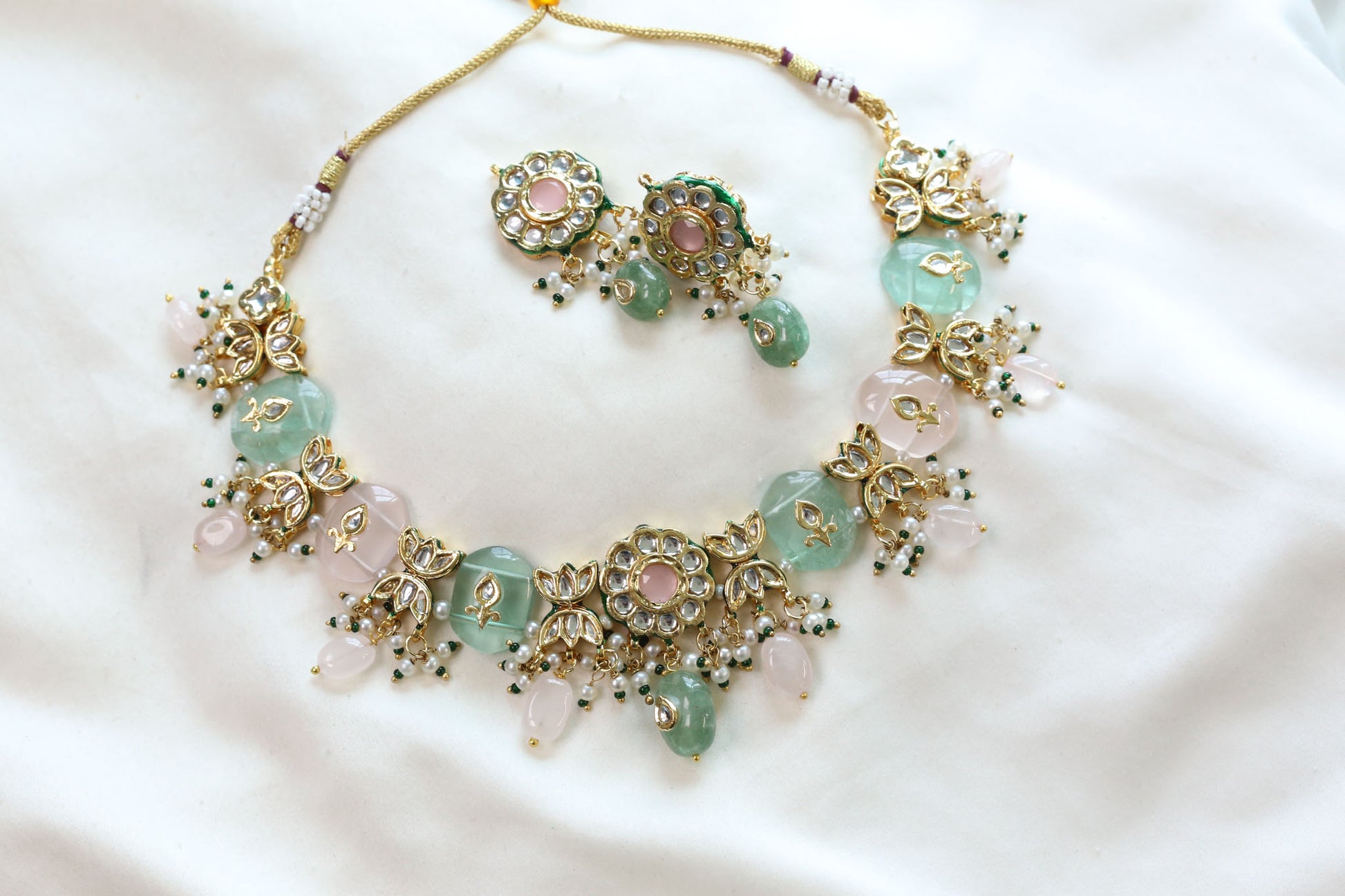 Meerut Kundan Inlay Work Necklace Set - Rose Quartz & Fluorite