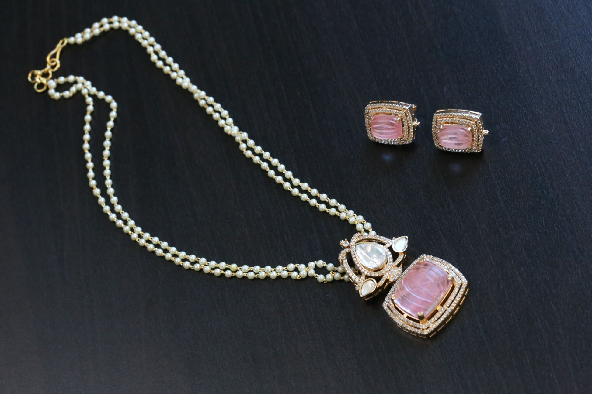 Carved Stone Polki Kundan Necklace Set - Pink