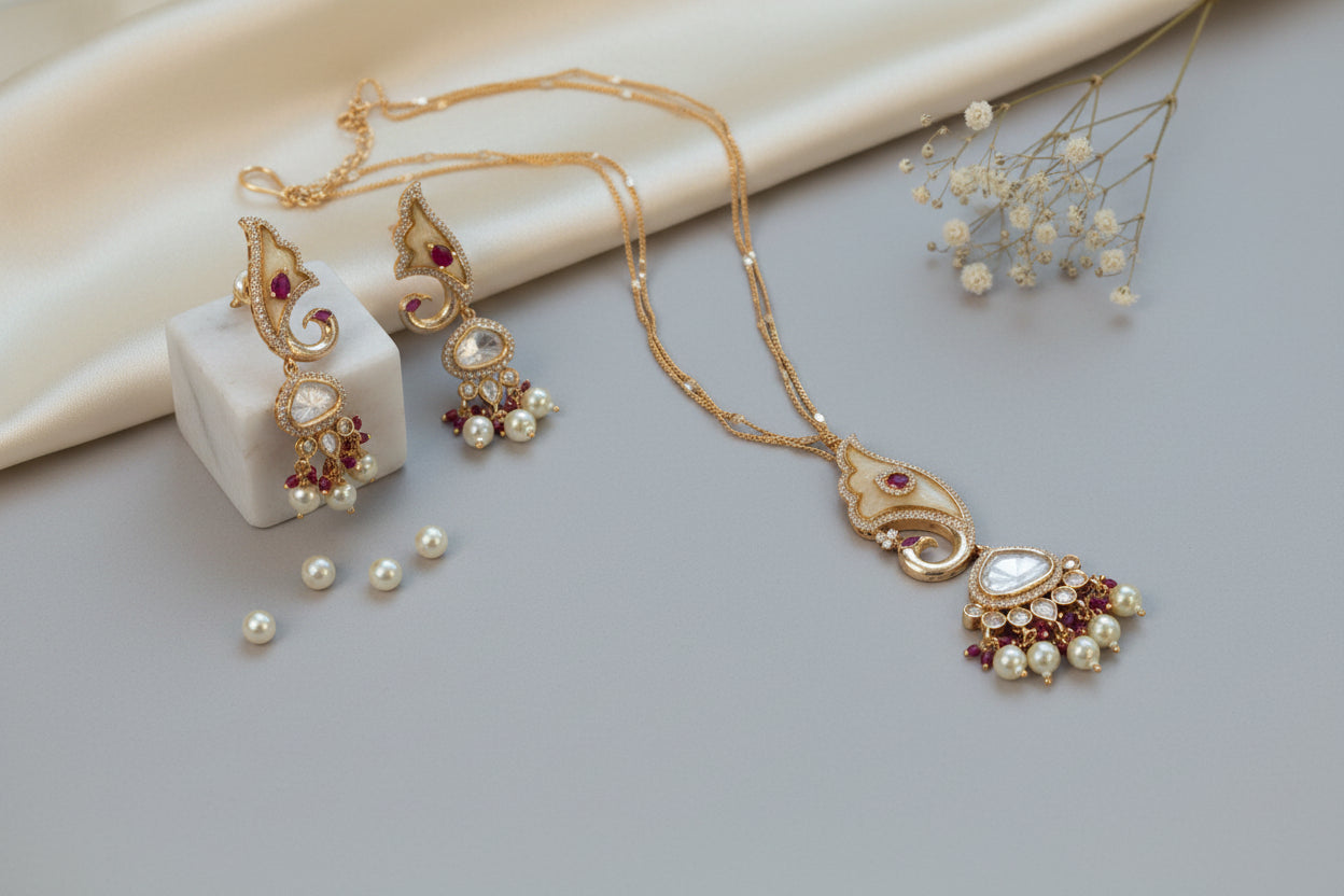 Premium Polki & MOP Pendant Set - Ruby