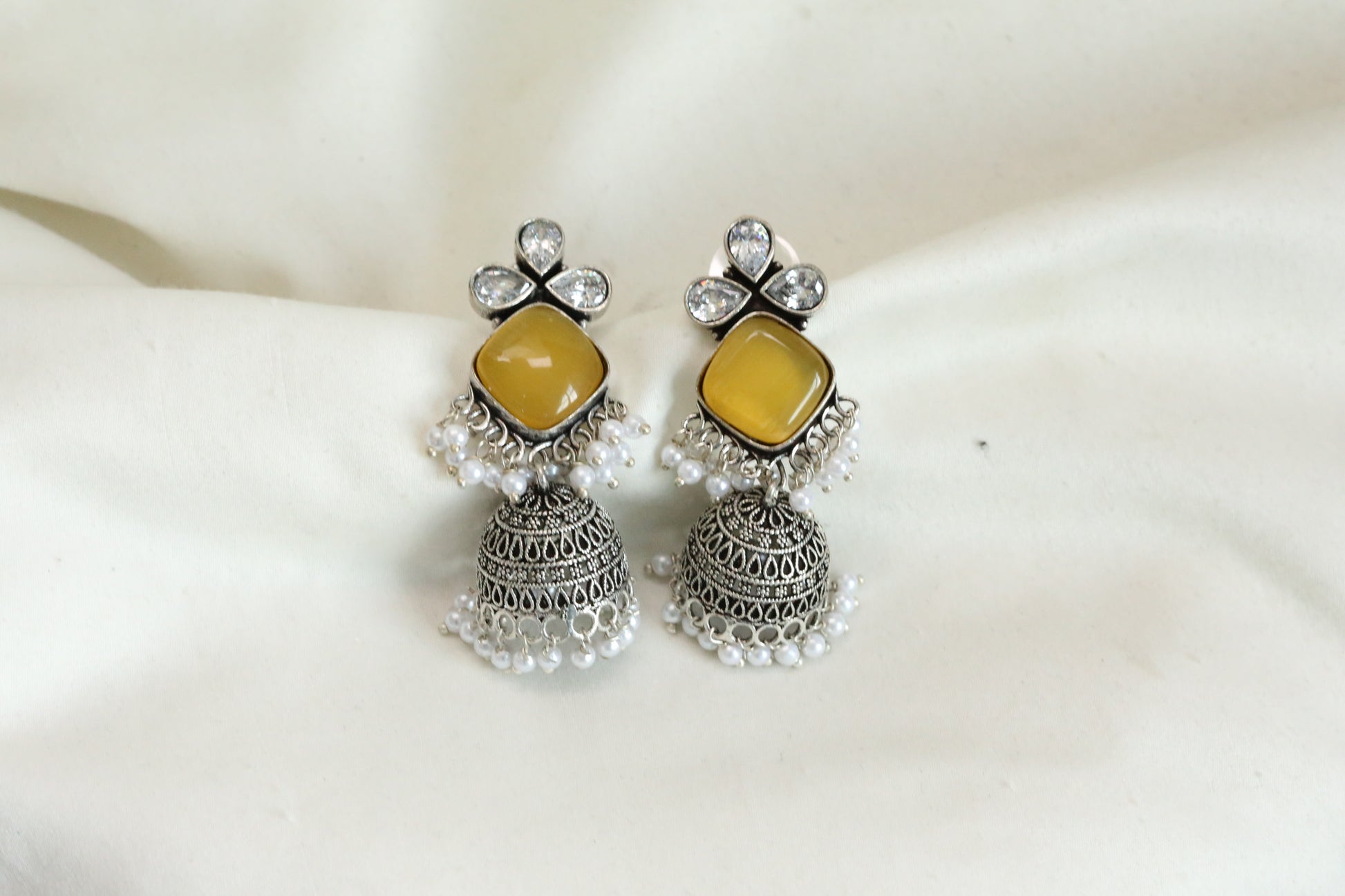 Yellow Monalisa Silver Look Jhumka