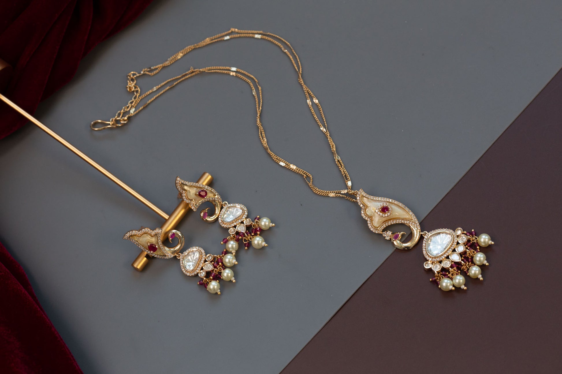 Premium Polki & MOP Pendant Set - Ruby