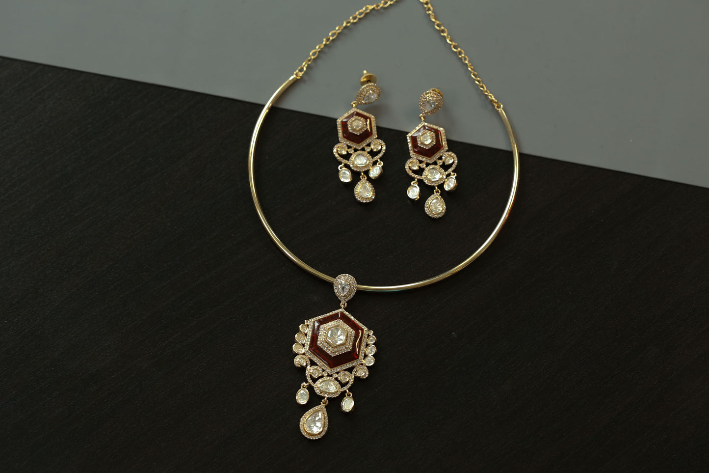 Dainty Red Pota Stone & Kundan Hasli Set