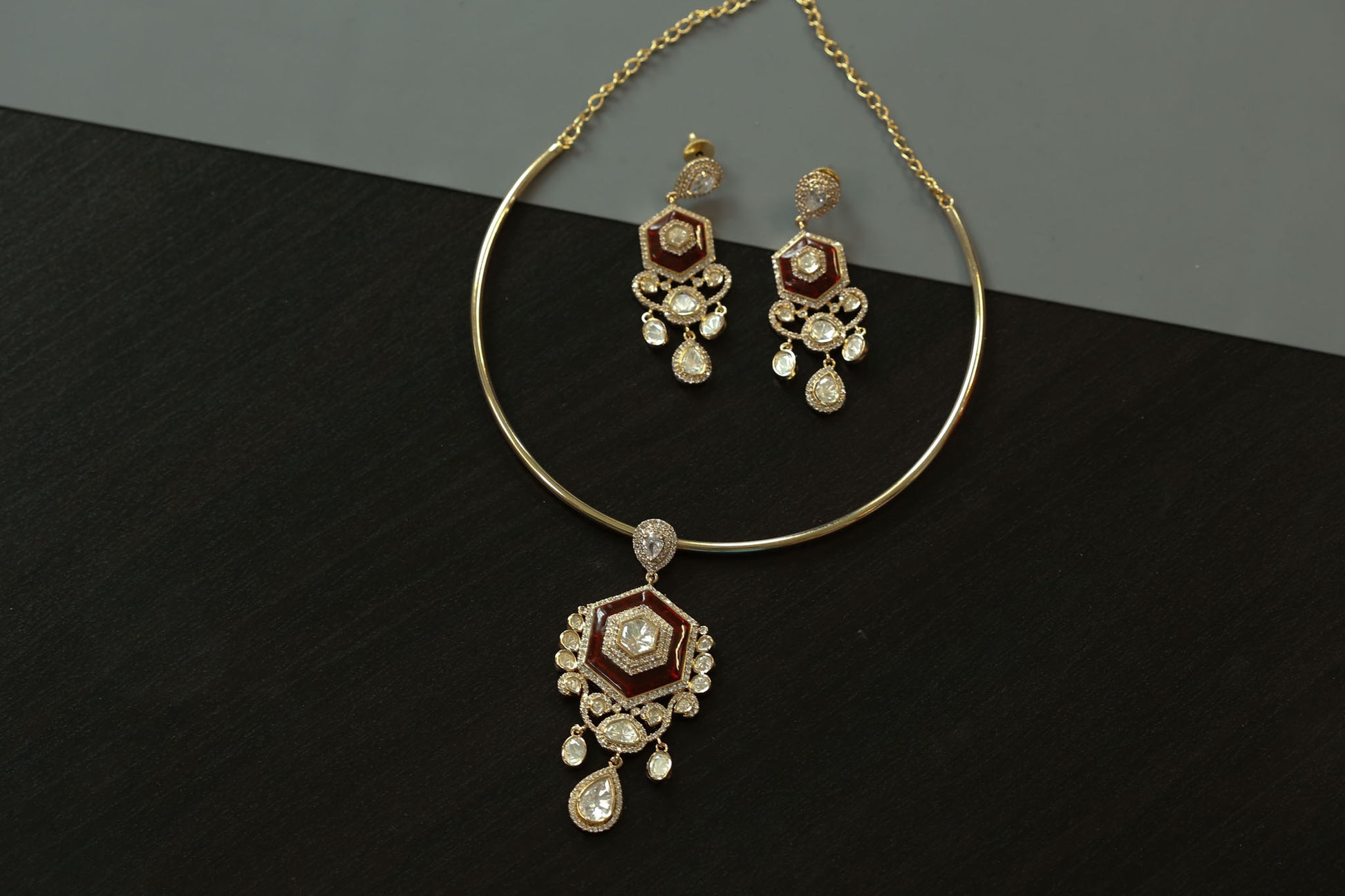 Dainty Red Pota Stone & Kundan Hasli Set