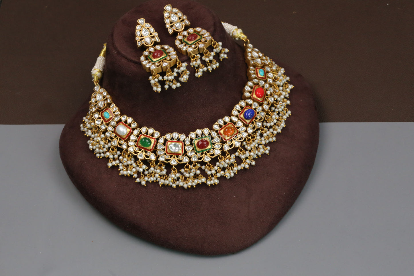 Semiprecious Navratna Kundan Necklace Set