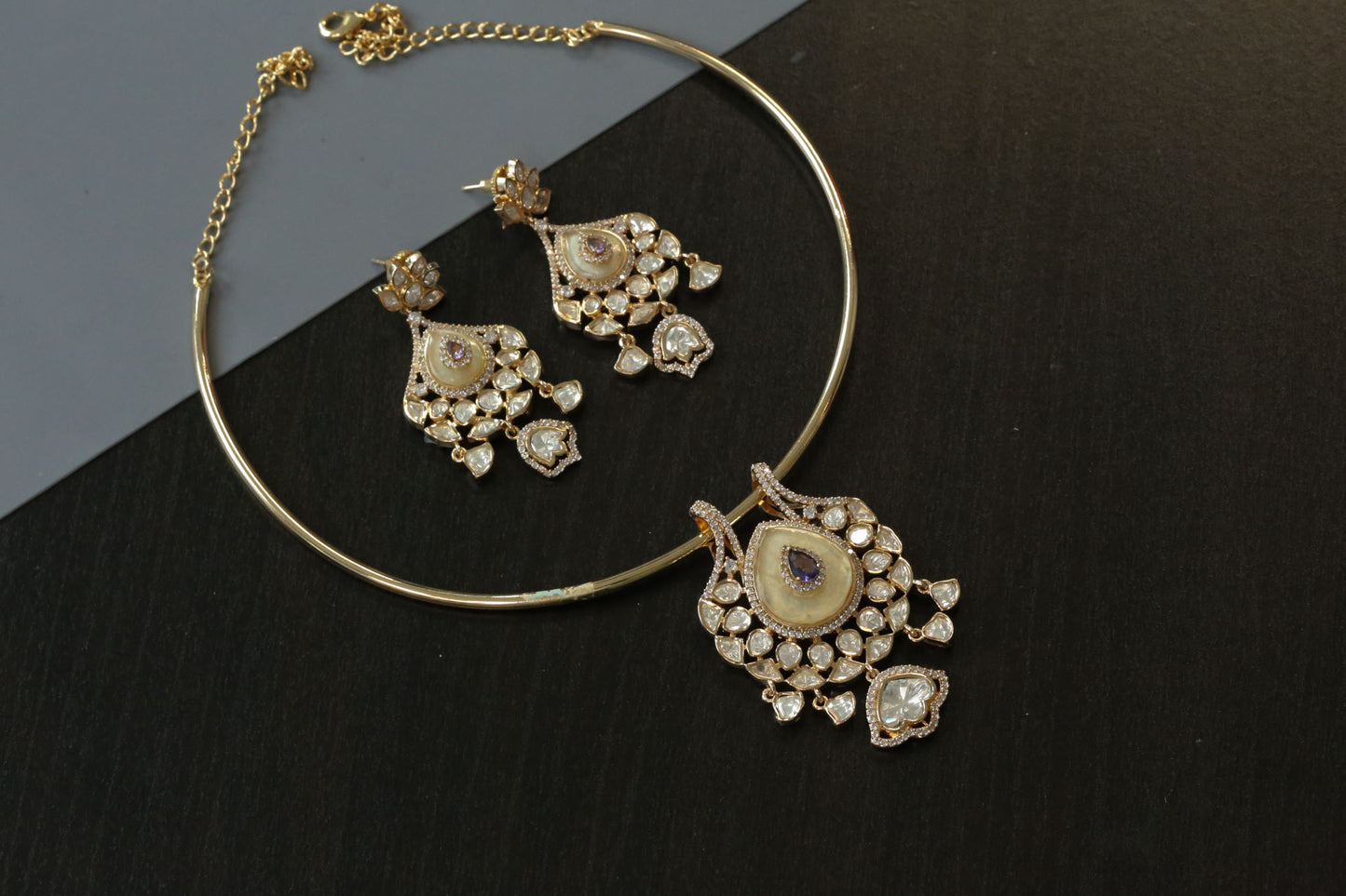 MOP, CZ Stones & Kundan Hasli Set