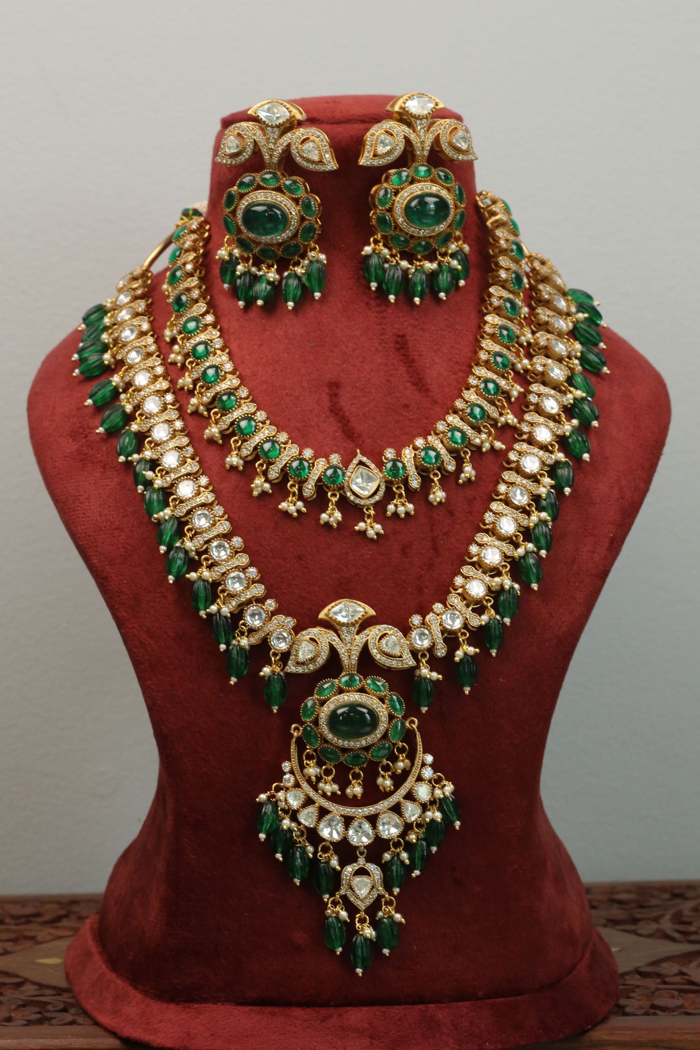Polki Kundan & Green Pota Doublet Necklace Set