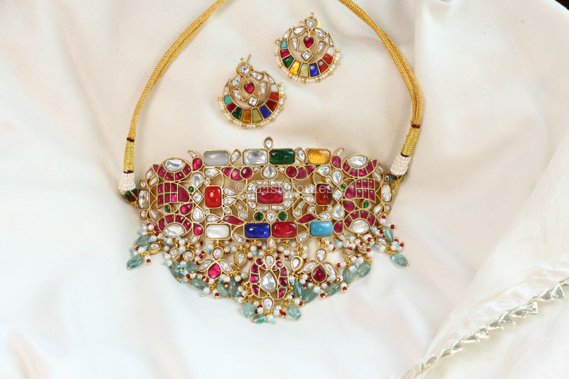 Semiprecious Navratna Kundan Choker Set - Apatite drops