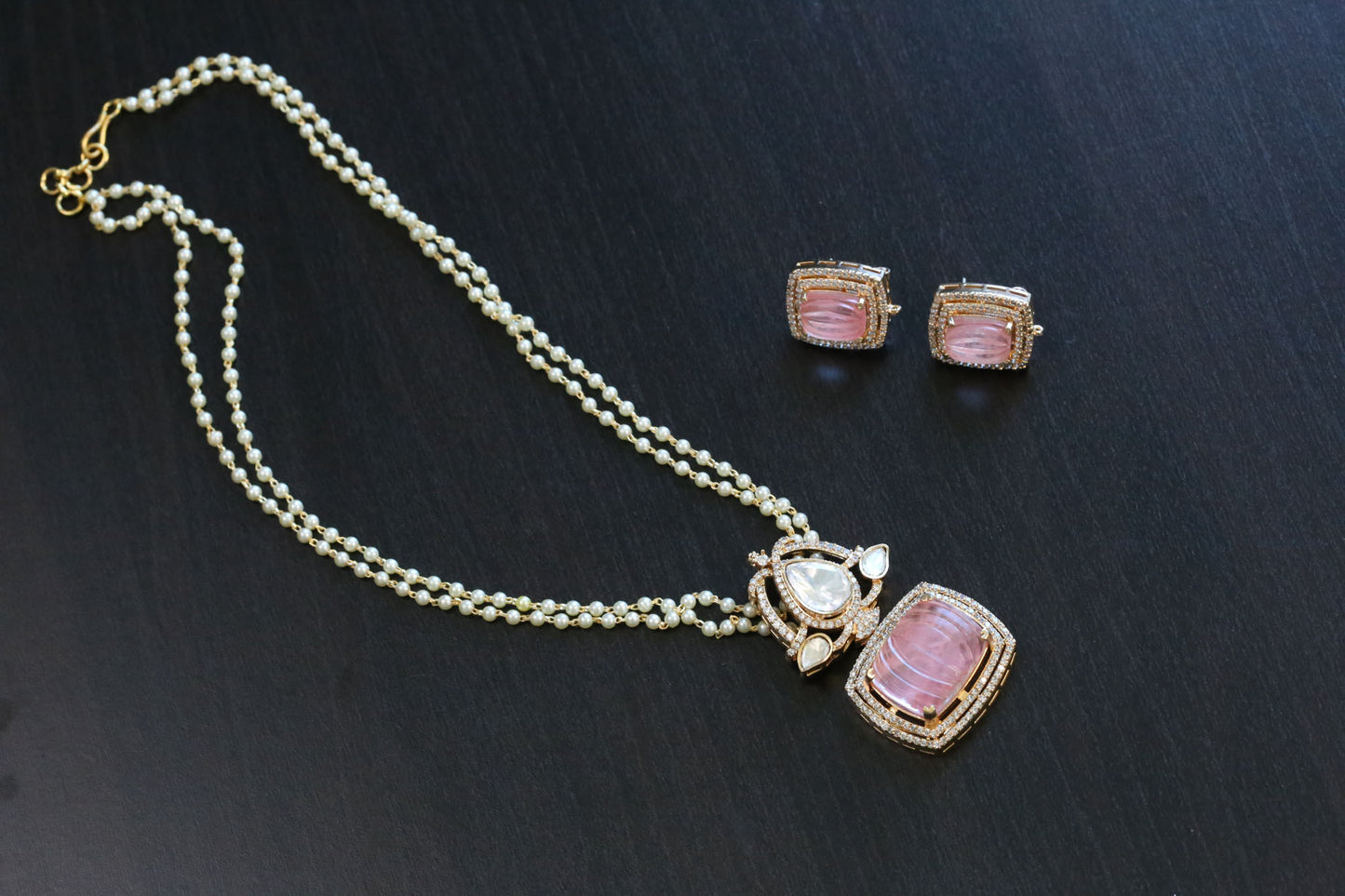 Carved Stone Polki Kundan Necklace Set - Pink