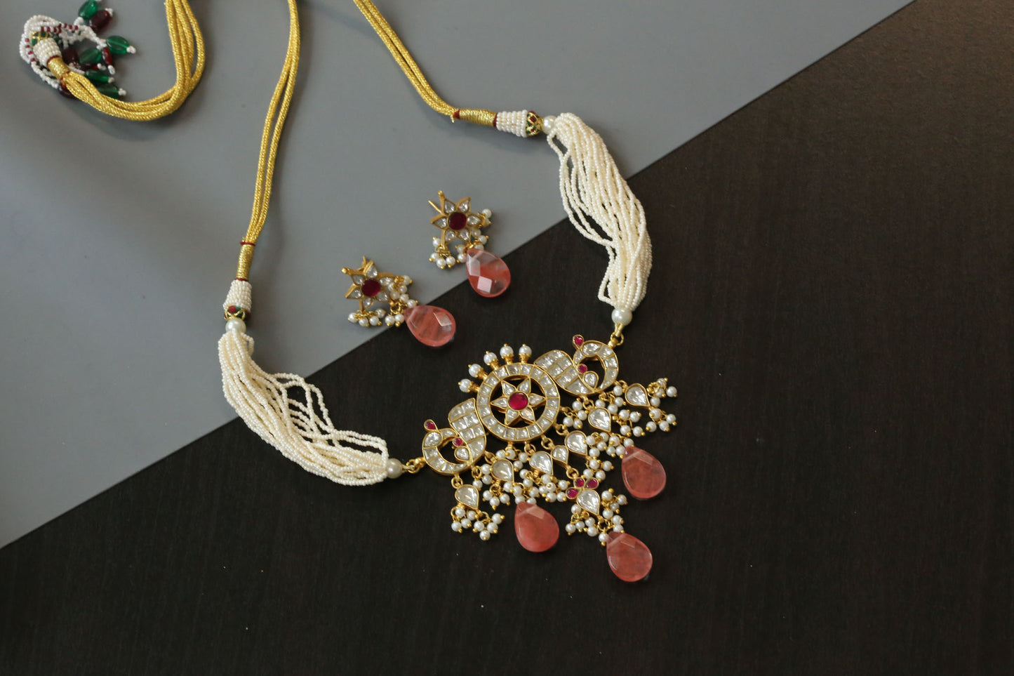 Handmade Jadau Choker Set - Faceted Strawberry Quartz Drops