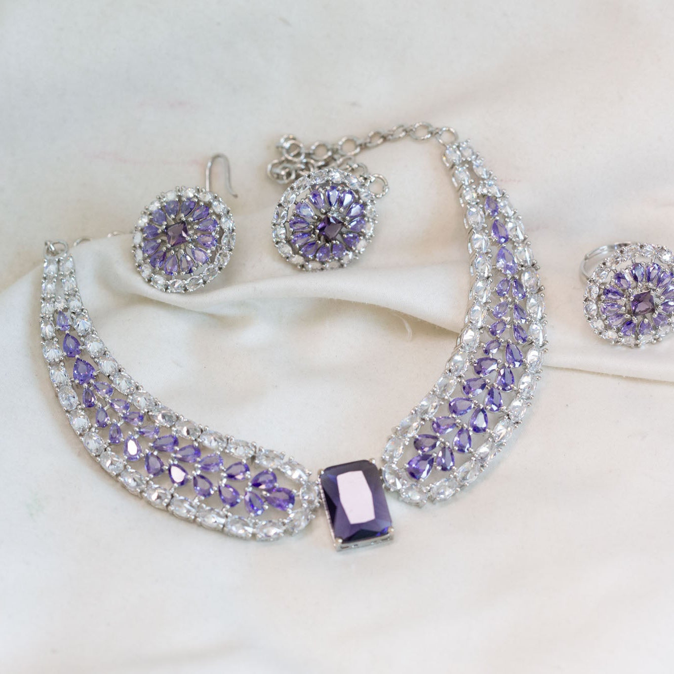 Lavender CZ Necklace, Earrings & Ring Set