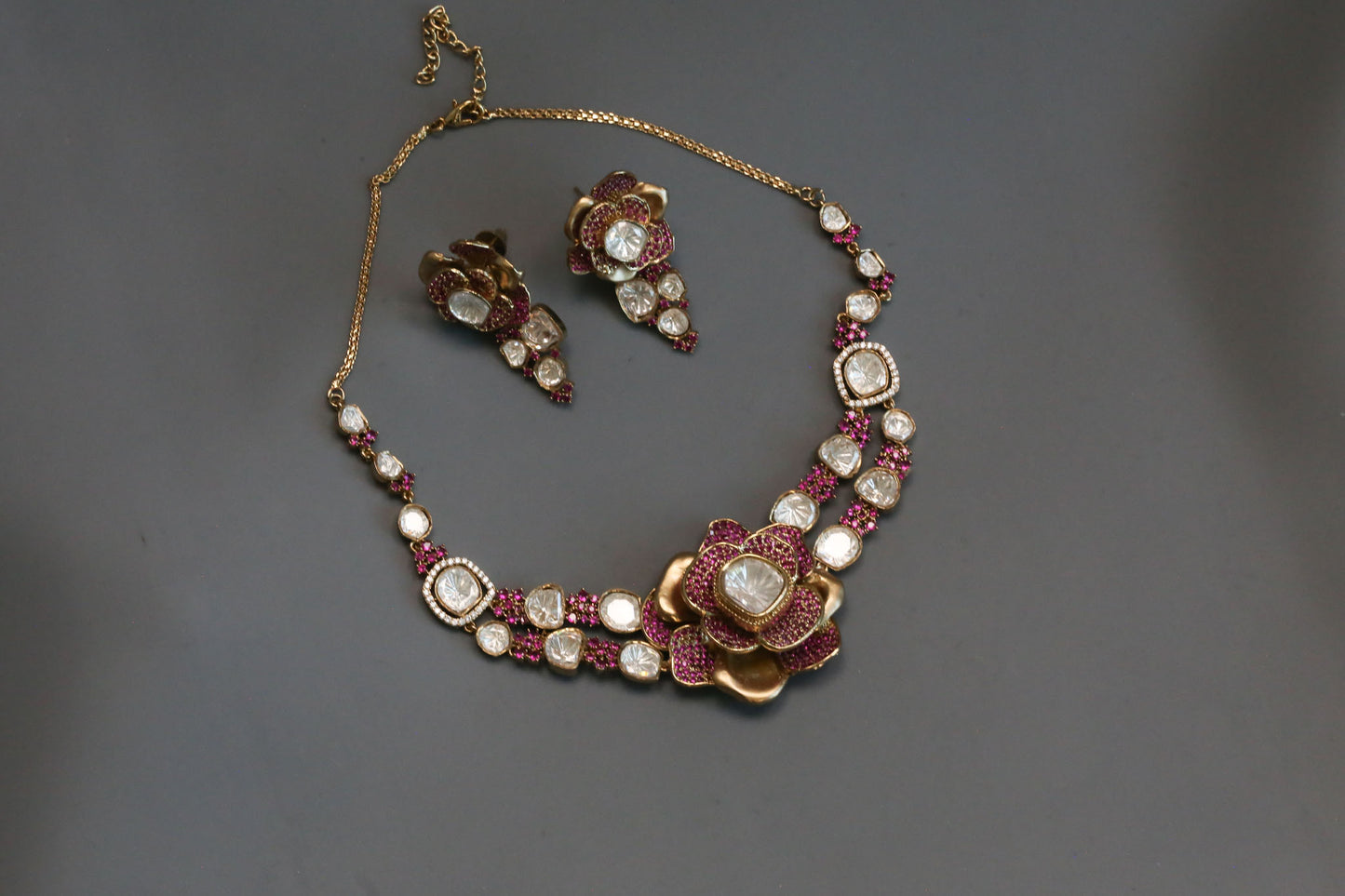 Contemporary 3D Look CZ & Polki Set Necklace Set - Ruby