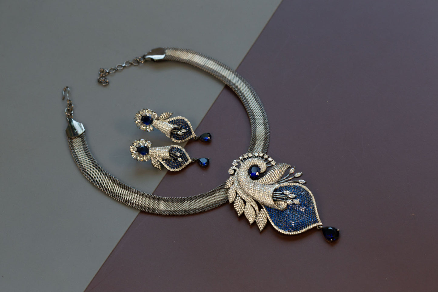 Victorian Black Polish & Micro CZ Necklace Set - Blue