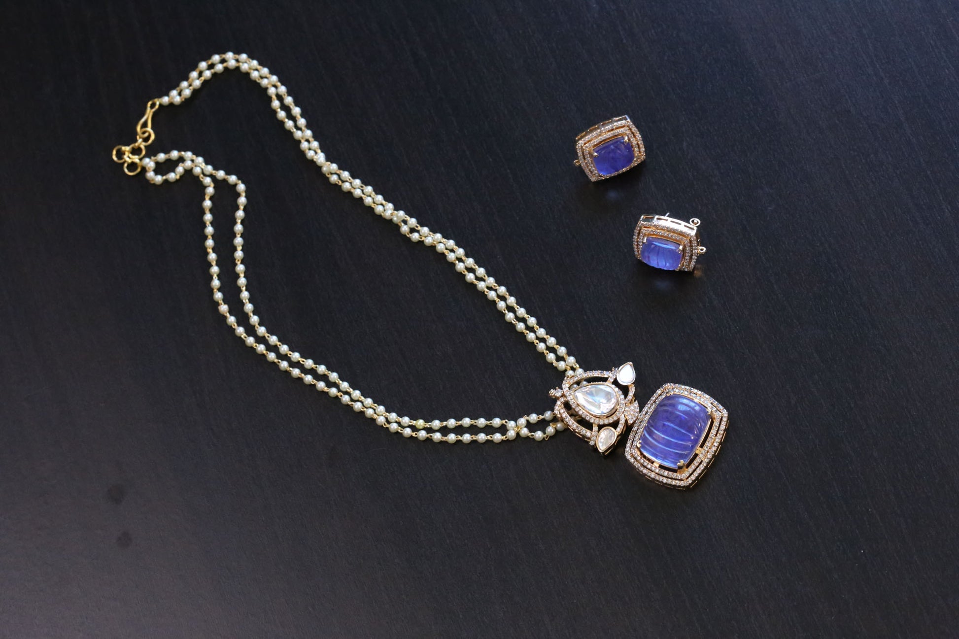 Carved Stone Polki Kundan Necklace Set -Periwinkle Blue