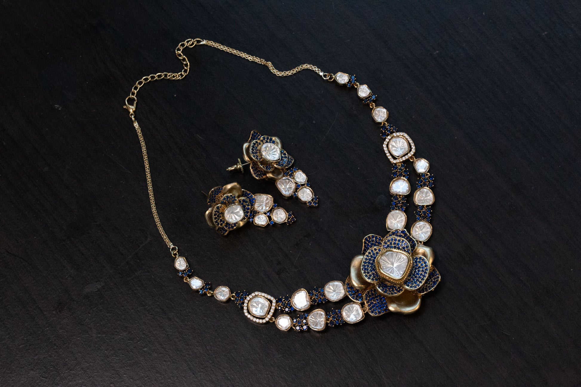 Contemporary 3D Look CZ & Polki Set Necklace Set - Blue