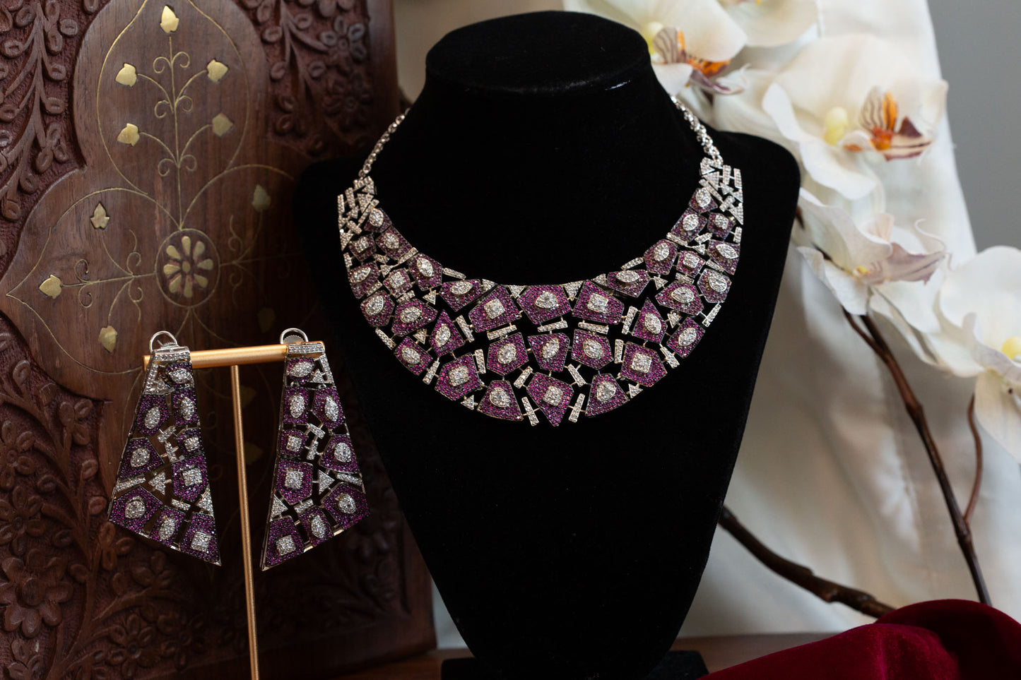 Pave Setting Micro CZ Jahaan Necklace Set - Ruby