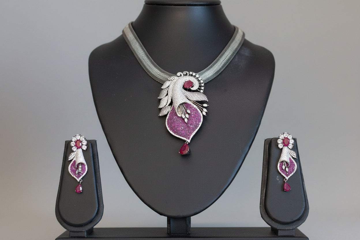 Victorian Black Polish & Micro CZ Necklace Set - Ruby