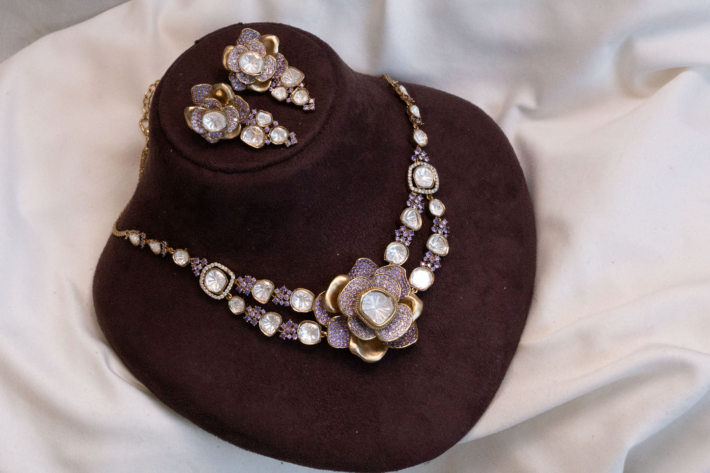 Contemporary 3D Look CZ & Polki Set Necklace Set - Lavender