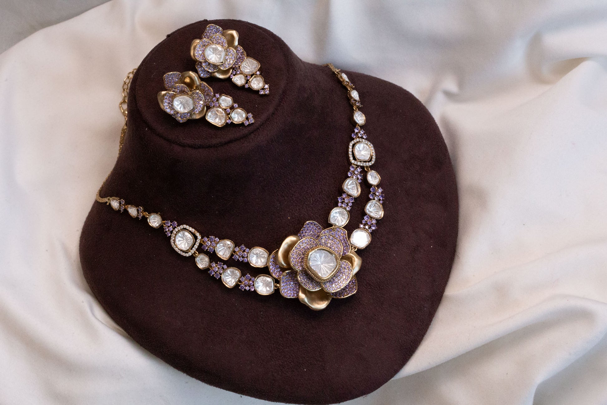 Contemporary 3D Look CZ & Polki Set Necklace Set - Lavender