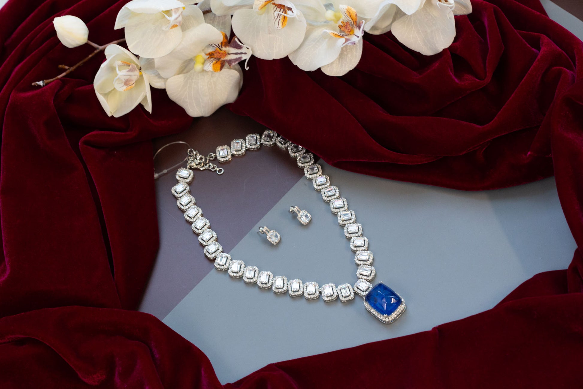Blue Doublet Micro CZ Tiara Necklace Set