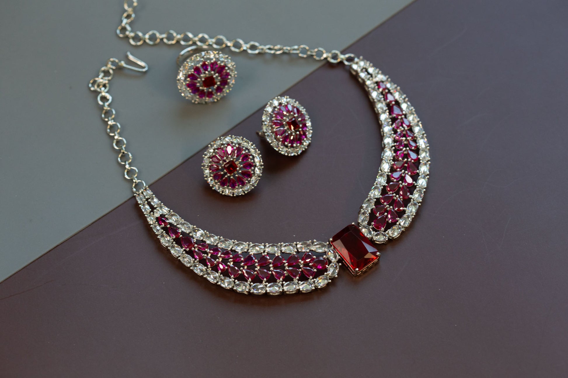 Ruby CZ Necklace, Earrings & Ring Set