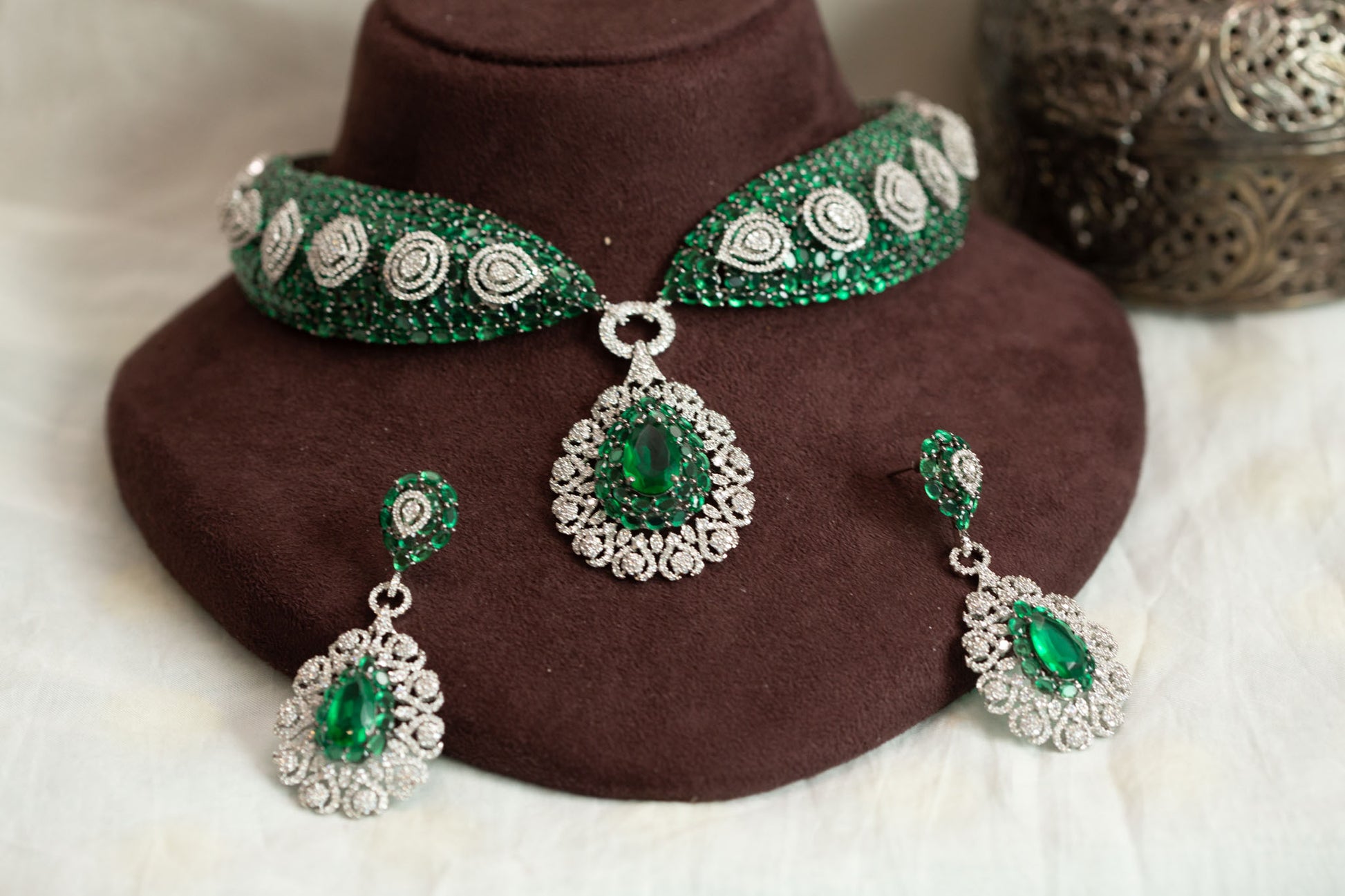 Mahira Premium CZ Doublet Necklace Set - Green