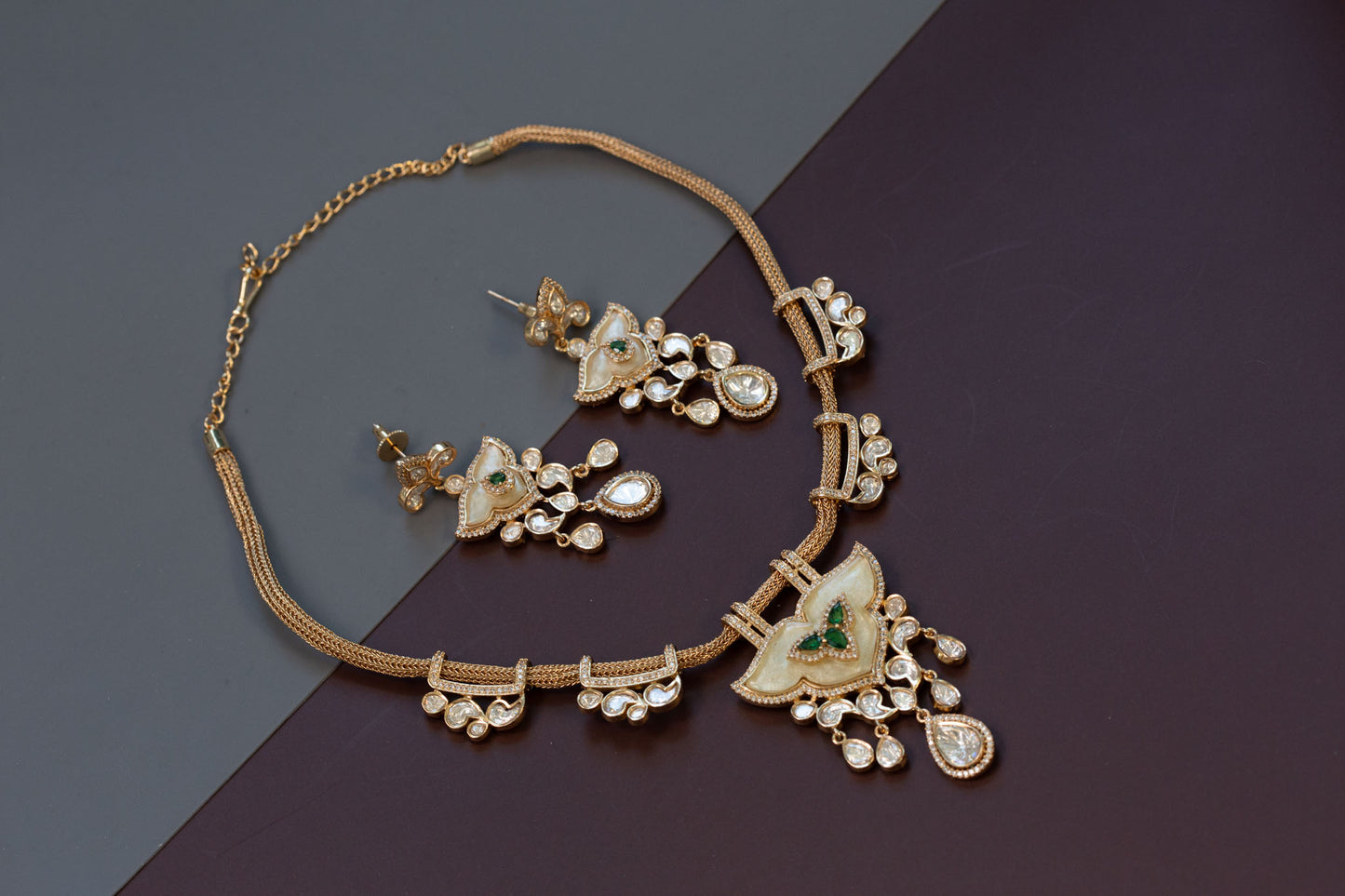 Kundan Polki CZ & MOP Necklace Set - Green