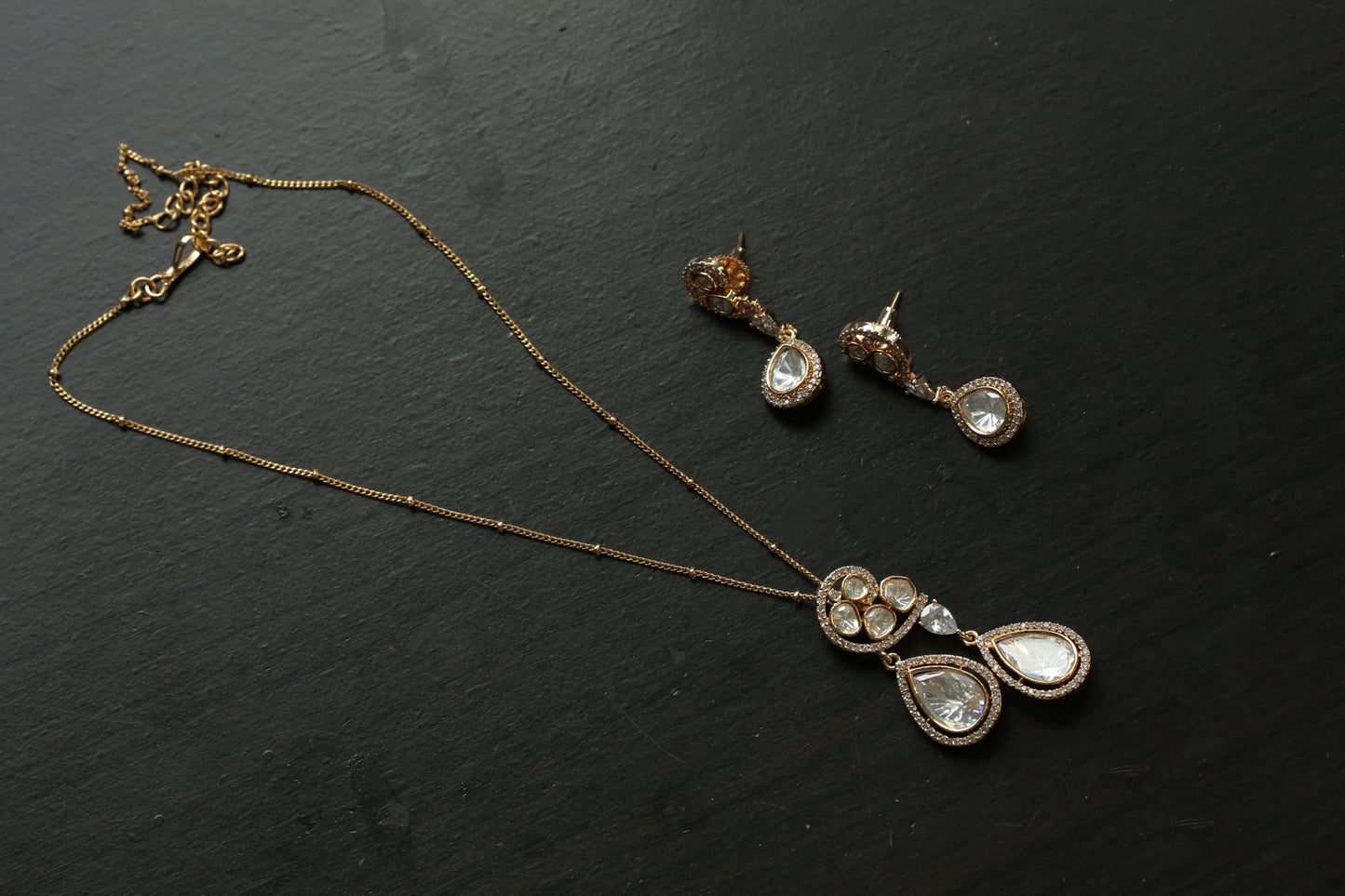 Dainty Uncut Polki & CZ Pendant Set