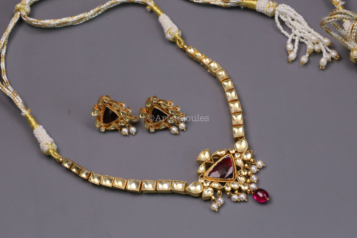 Suvarna Fresh Water Pearls, Rohodolite & Yellow Polki Kundan Set